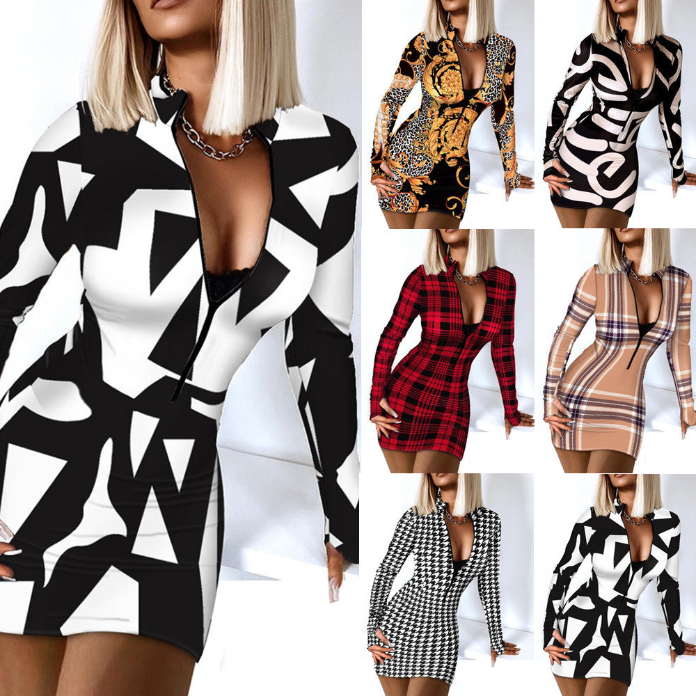 Autumn Winter Women Long Sleeve V-Neck Zipper Hip Tight Dress
