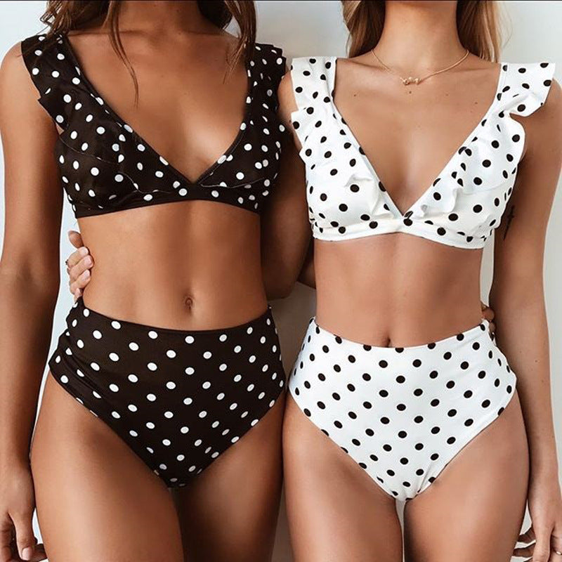 2 st svartvit prickig baddräkt sexig volangbikiniset med djup V-ringning sommarstrand damkläder