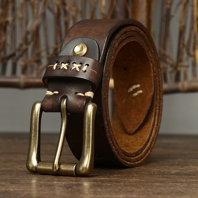 Men's Washed-Out Vintage First Layer Cow Leather Pin Buckle Jeans Belt - Authentic Character