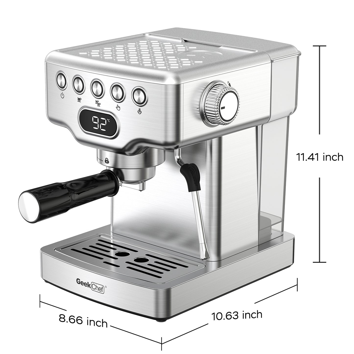 Geek Chef Espressomaskin, 20 bar espressomaskin med mjölkskummare för latte, cappuccino, macchiato, för hemmabruk, 1,8 liters vattentank, rostfritt stål, förbud mot Amazon