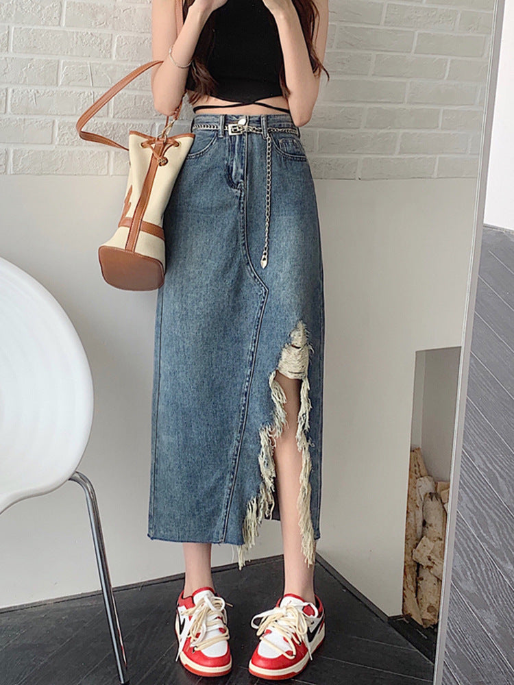 Women's Retro Denim A-Line Skirt - Irregular Slit Mid-Length