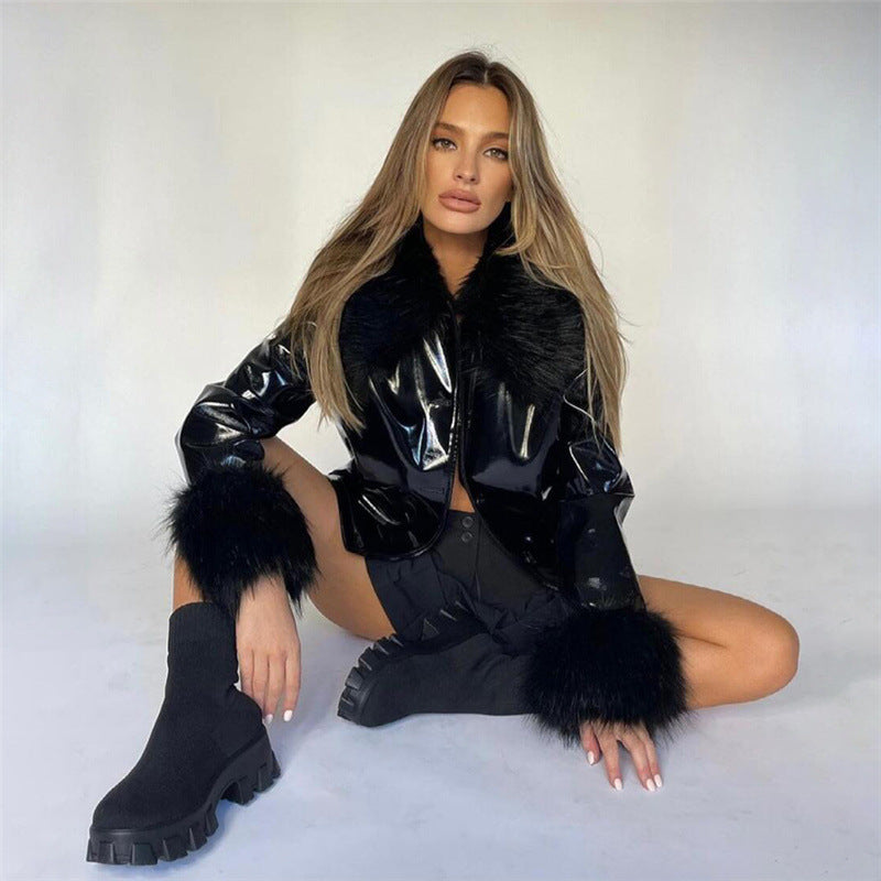 Women's Fur Collar Single-Breasted Slim Warm Leather Jacket - Elegant High-Quality Durable Winter