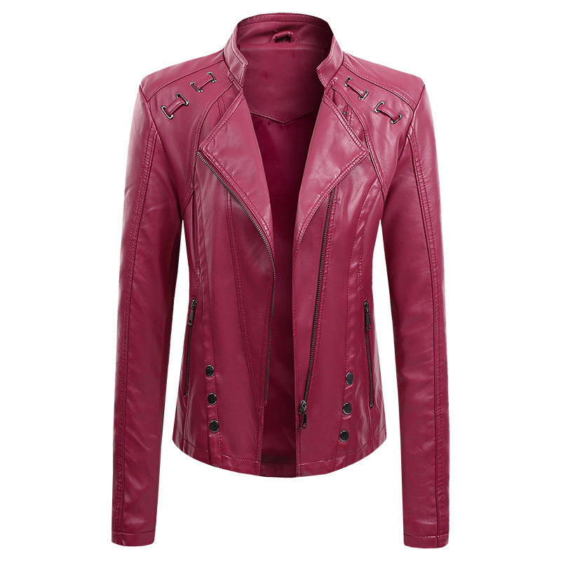 New Spring And Autumn New Leather PU Leather Jacket Women's Short - V-Neck Zipper Conventional Sleeve
