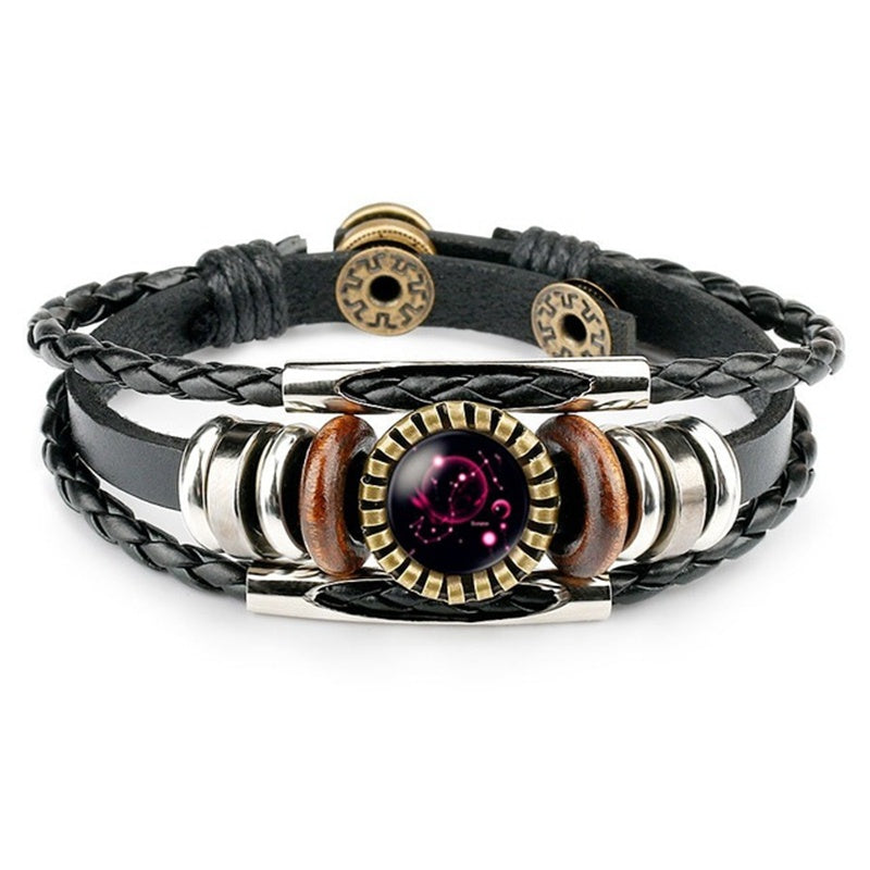Stjärnteckenarmband för kvinnor och män, 12 stjärnbilder, pärlbesatta handvävda PU-läderarmband