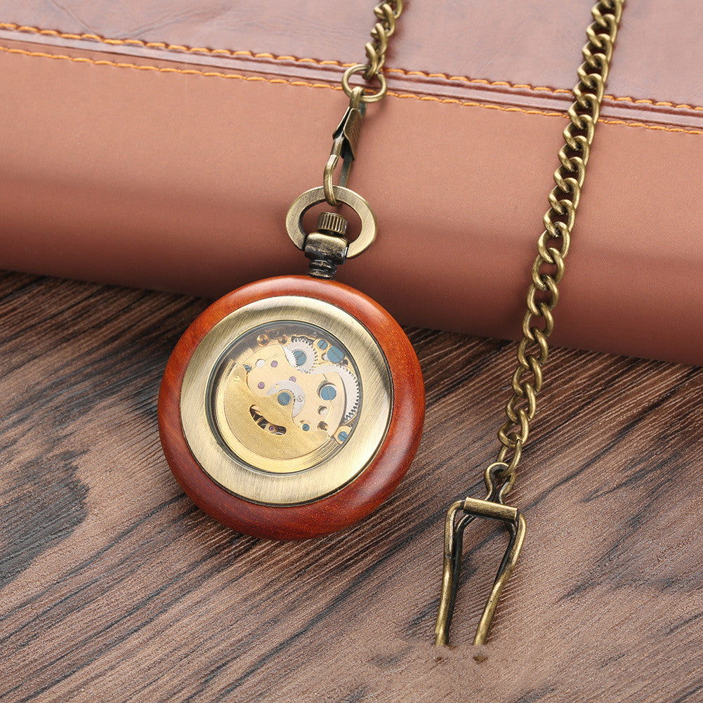 Mahogany Texture Dial Golden Roman Literal Automatic Mechanical Wooden Pocket Watch - Natural Luxurious Sustainable Elegant Exquisite