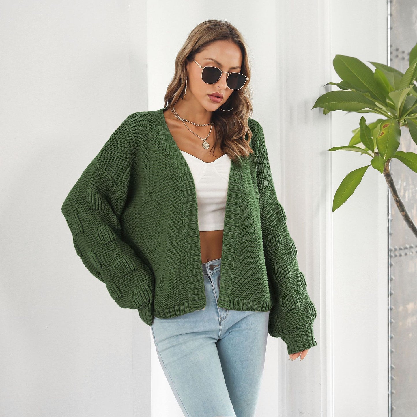 Puffärm Cardigan Sweater Damkläder Front Chunky Knitwear Coat