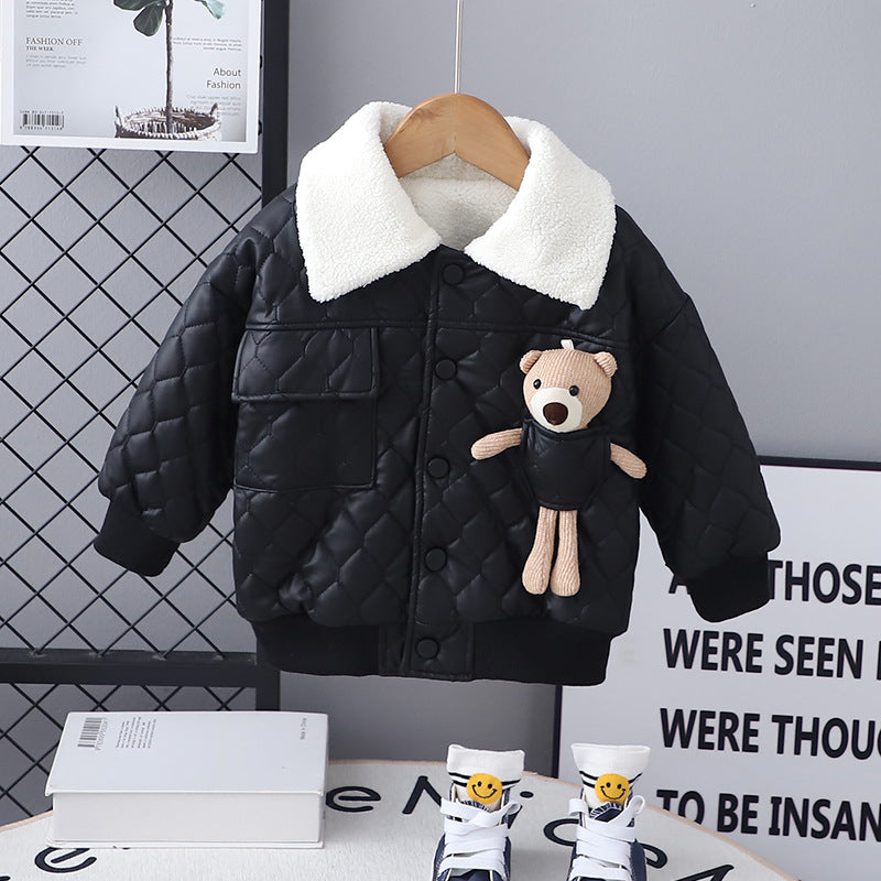 Manteau en cuir épais à revers pour garçon, veste à manches longues