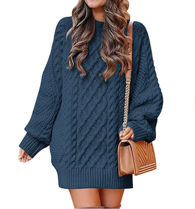 Indulge in the Luxe: Women's Round Neck Long Sleeve Twisted Knitted Mid-length Dress Sweater