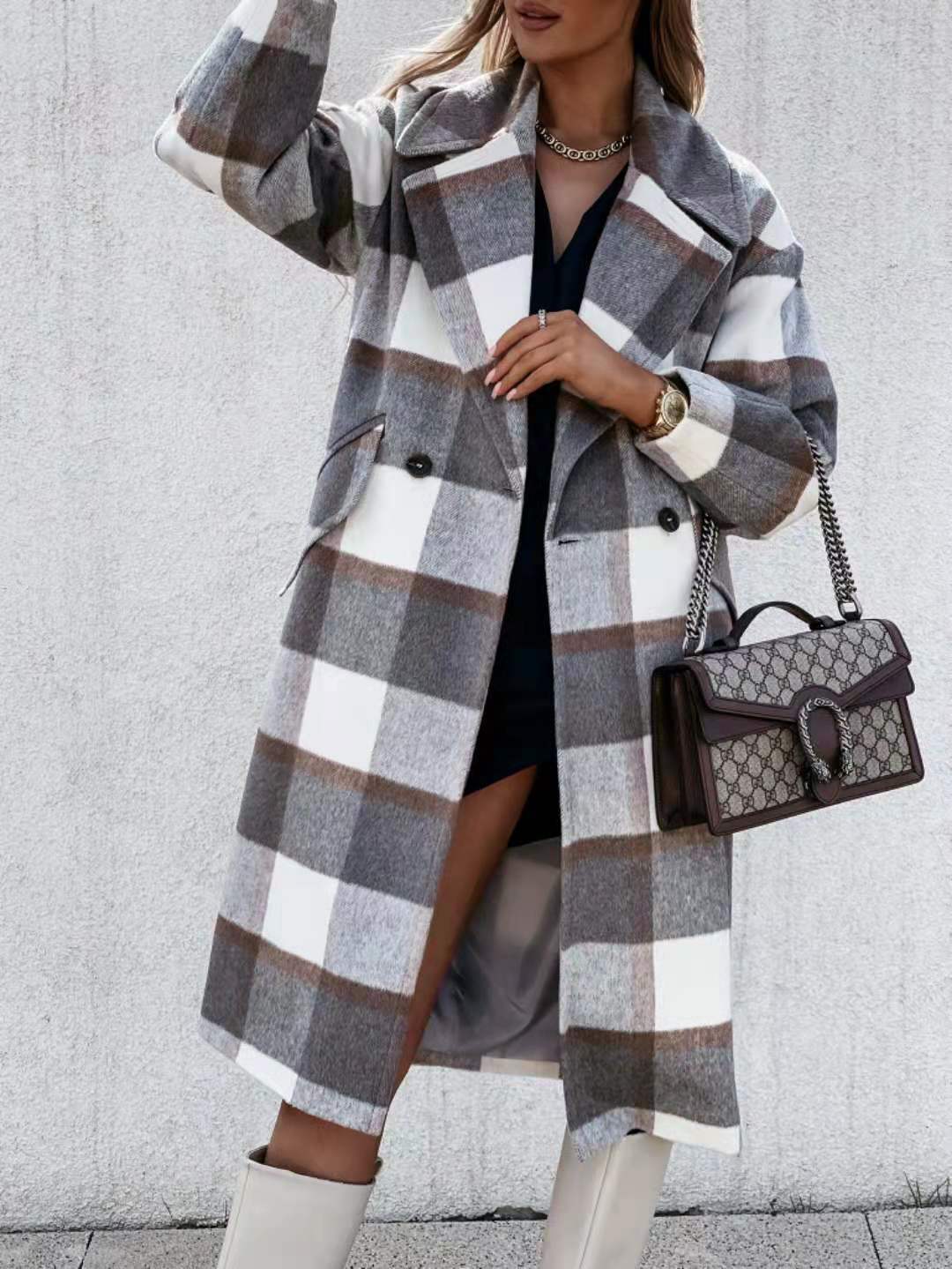 Checked Mid-Length Coat Lapel Tie Wool Coat