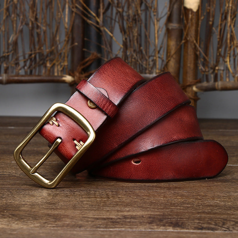 Men's Cowhide Vintage Distressed Pleated Brass Buckle Belt - Weathered Heritage