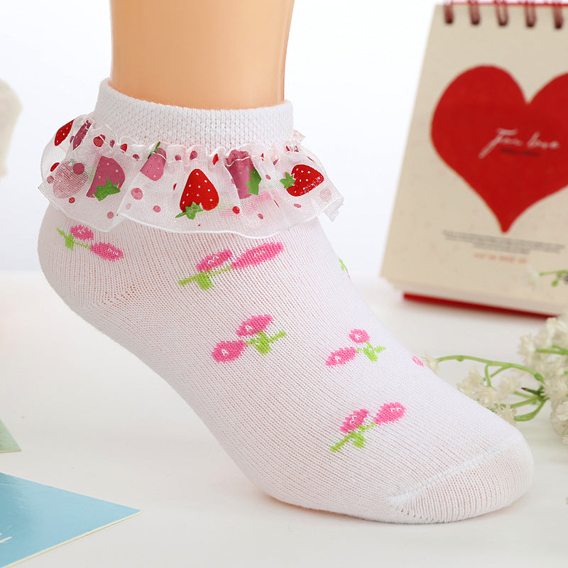 Strawberry Socks Girls Lace Socks Cotton Children