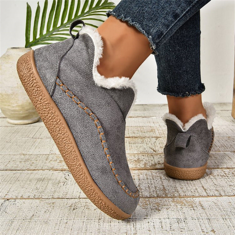 Women's V-Cut Plush Ankle Boots - Winter Velvet Flat Snow Boots