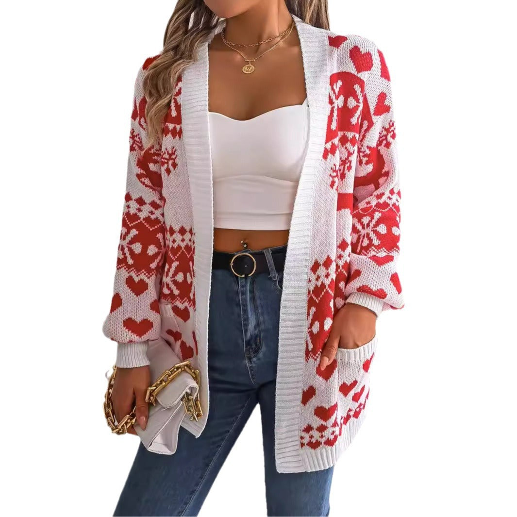 Christmas Women's Open Front Cardigan - Lantern Sleeve, Xmas Printed, Oversized Deer Sweater with Pockets