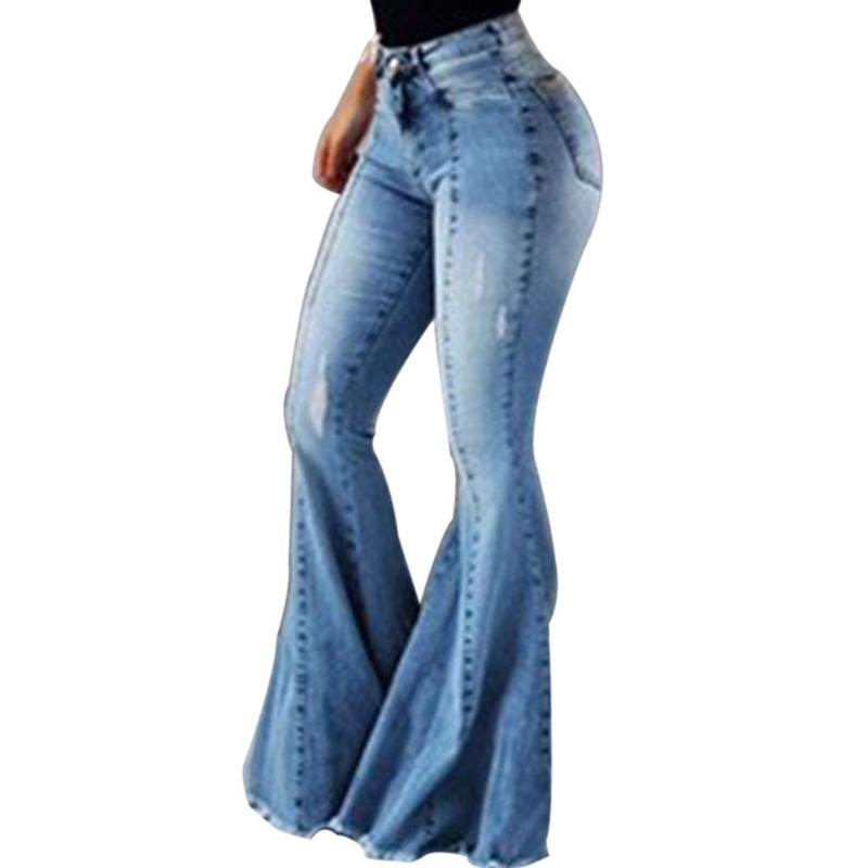 Elastisk hög midja Ripped Denim Bell-bottom byxor kvinnor