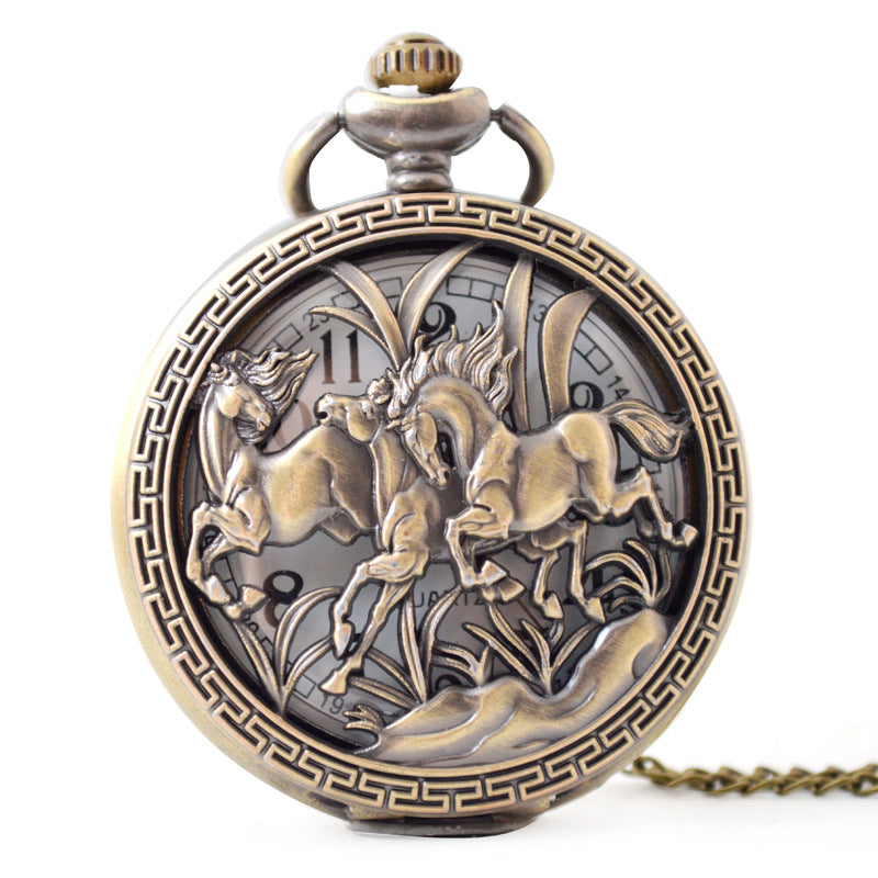 Men's Three Horses Skeleton Quartz Pocket Watch - Intricate Elegant Sophisticated Durable Reliable Artistic