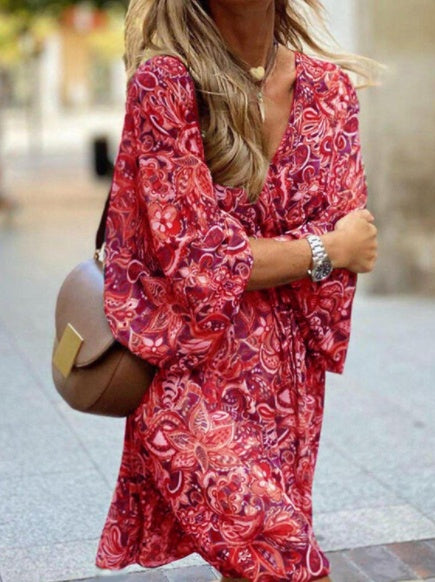 New Printed Long Sleeve A-Line Boho Dress