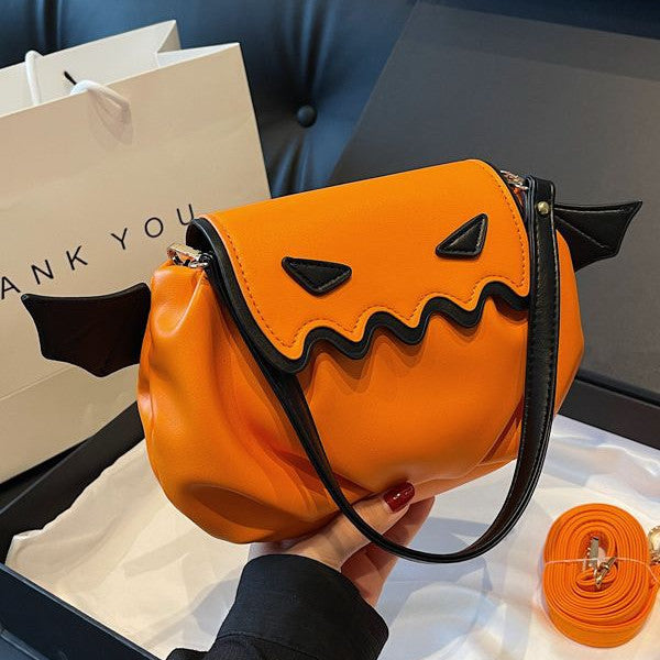 Whimsical Pumpkin Crossbody Bag - Halloween Cartoon Bag with Wings & Personality