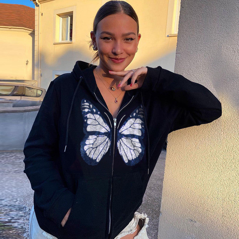 Butterfly Pattern Rhinestone Zipper Streetwear - Stylish & Durable
