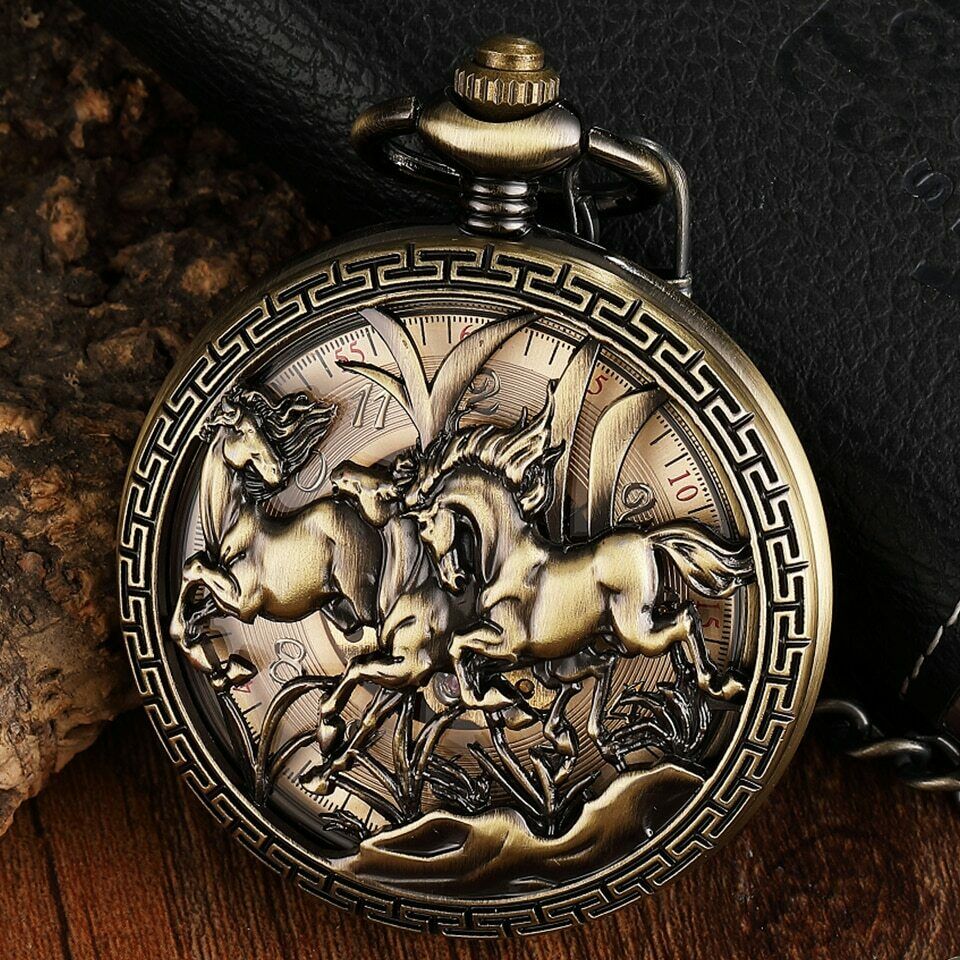 Men's Three Horses Skeleton Quartz Pocket Watch - Intricate Elegant Sophisticated Durable Reliable Artistic