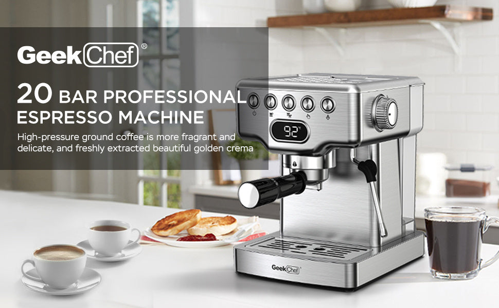 Geek Chef Espressomaskin, 20 bar espressomaskin med mjölkskummare för latte, cappuccino, macchiato, för hemmabruk, 1,8 liters vattentank, rostfritt stål, förbud mot Amazon
