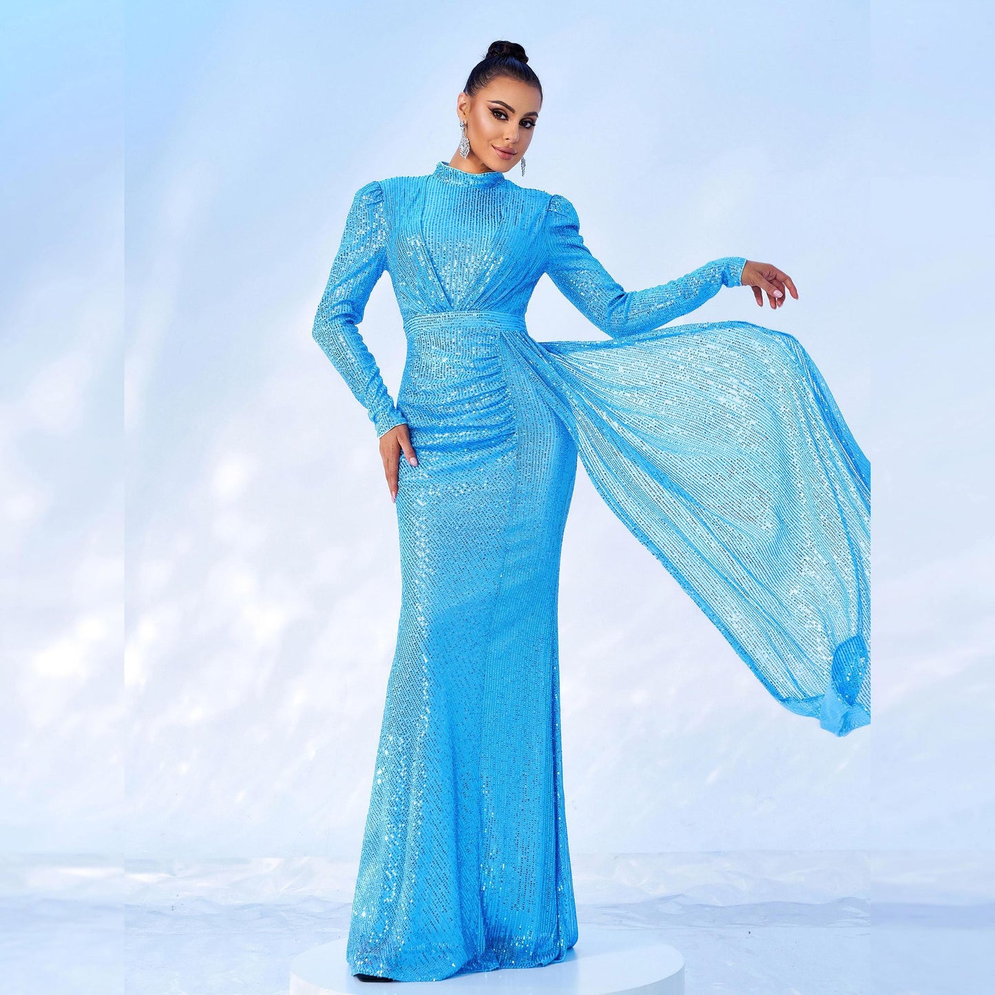 Long Sleeve Round Neck Sequined Banquet Dress - Hip Skirt Temperament Commute - Premium Polyester