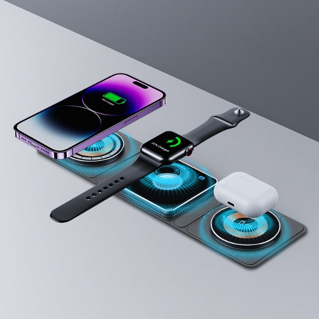 3 IN 1 Magnetic Folding Trådlös Laddningsstation För IPhone Transparent Snabbladdning För IWatch Och Airpods