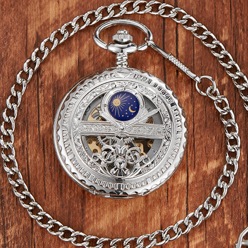 Golden Retro Hollow Pointer Night Sky Semi-Automatic Mechanical Pocket Watch - Celestial Elegant Timeless Exquisite