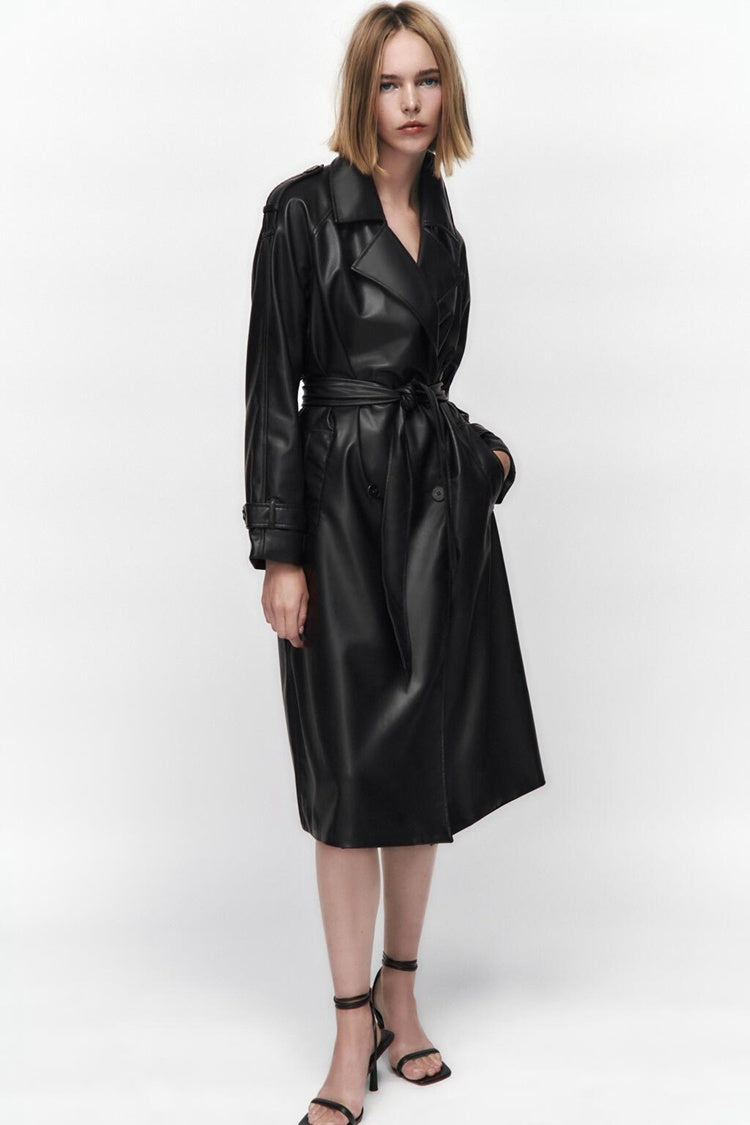 Women's Clothing Autumn Long Sleeve Slim Fit With Belt Imitation Leather Trench Coat