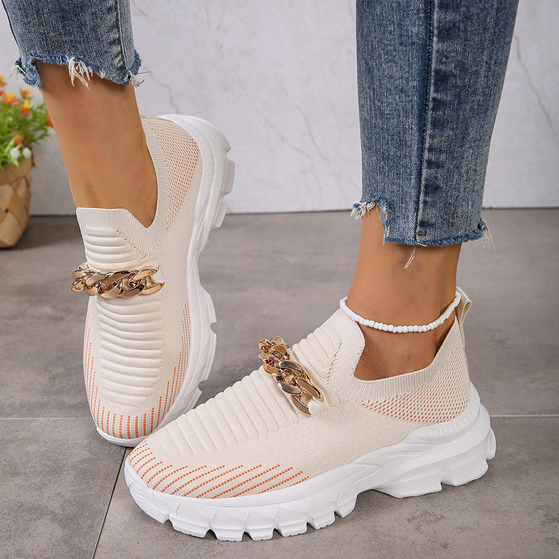 Modekedja Design Mesh Skor För Kvinnor Andas Casual Mjuk sula Gåstrumpa Slip On Flat Shoes