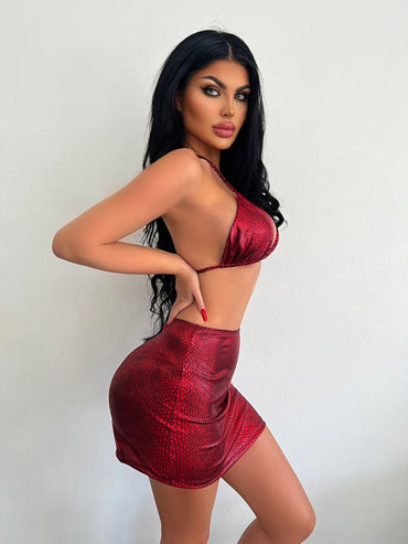 Professional Women's 3 Piece Bathing Suits - Halter Snake Pattern Bikini Set with Cover Up Skirt (8 Colors, S-XL, European Conservative Style)