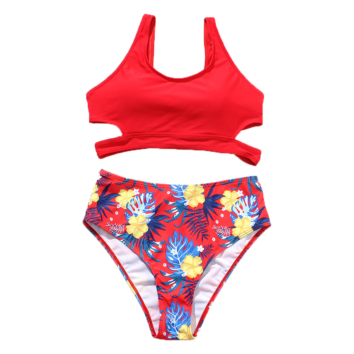 Professional Ladies High Waist Solid Color Printed Swimsuit - Polyester (S-L, Chest Pad, Blue/Red)