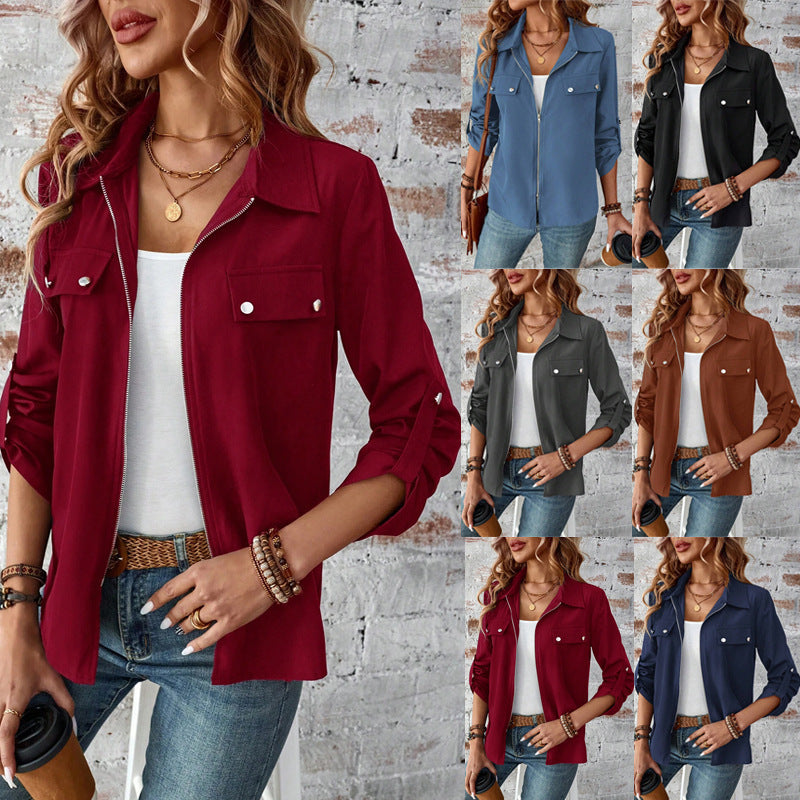 Spring, Autumn And Winter New Lapel Zipper Cardigan Outerwear
