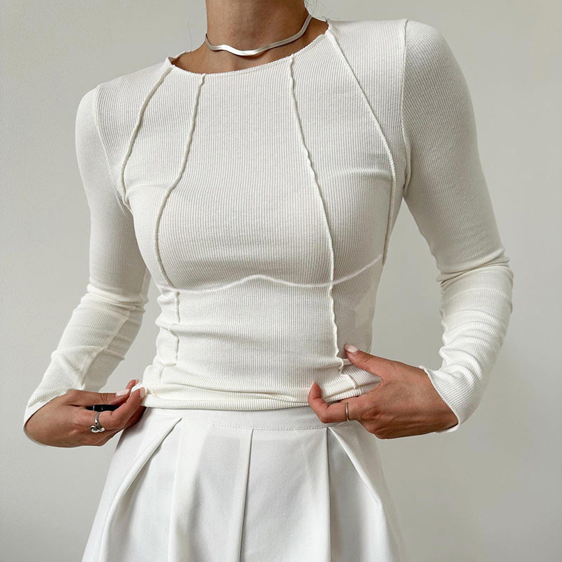 Elegant Long Sleeve T-shirt - Solid Color, Split Thread Knitted Top for Women