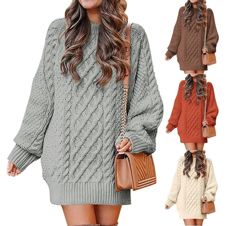 Indulge in the Luxe: Women's Round Neck Long Sleeve Twisted Knitted Mid-length Dress Sweater