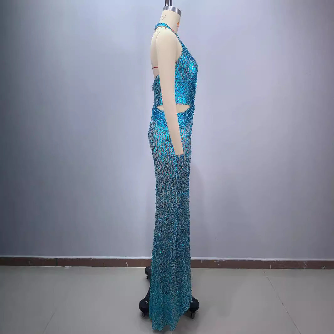 Halter Deep V-Neck Sequin Evening Dress - Sky Blue Hollow Mesh - Company Annual Meeting Host Dress