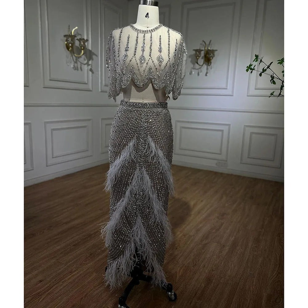 Silver Nude Slim-fit Feather Shawl Evening Dress