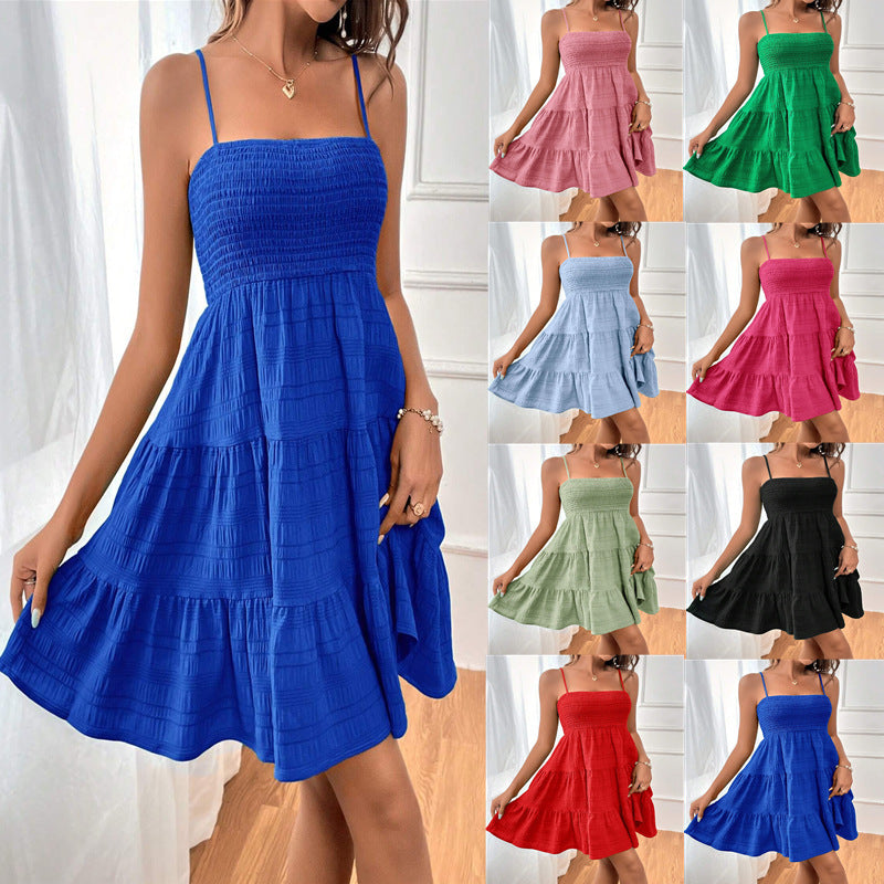 Summer Square-Collar Suspender Pleated Dress - Fashion Solid Color Beach Dress - Premium Polyester