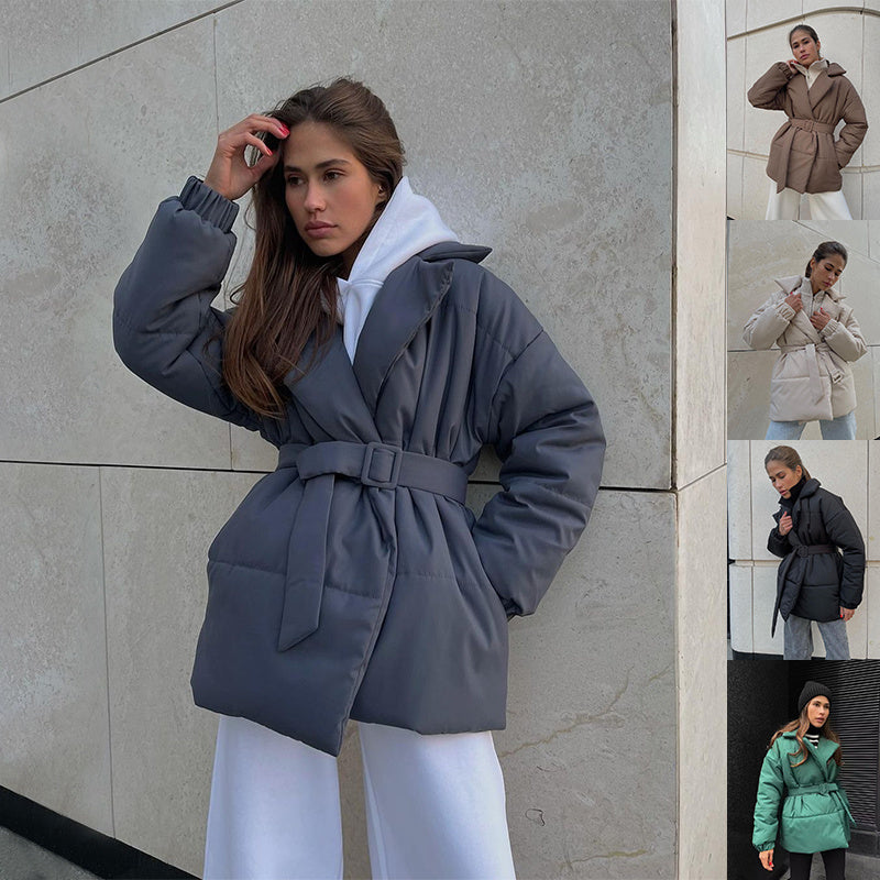 Winter Lapel Waisted Cotton Coat Fashion Solid Color Slim Overcoat Womens Clothing - Polyester Regular Style