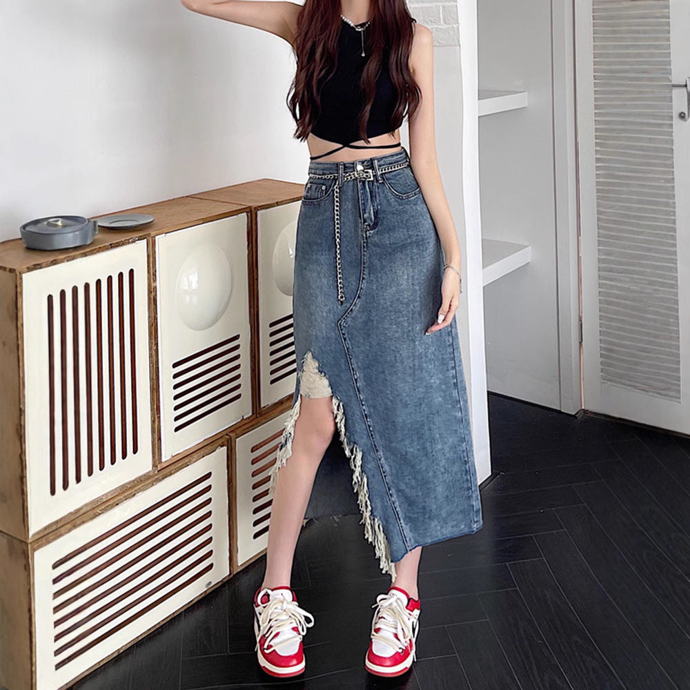 Women's Retro Denim A-Line Skirt - Irregular Slit Mid-Length