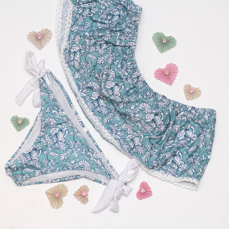 Bleu clair motif Floral sans bretelles épaules dénudées femmes Sexy fente Bikini ensemble maillots de bain femmes plage maillot de bain