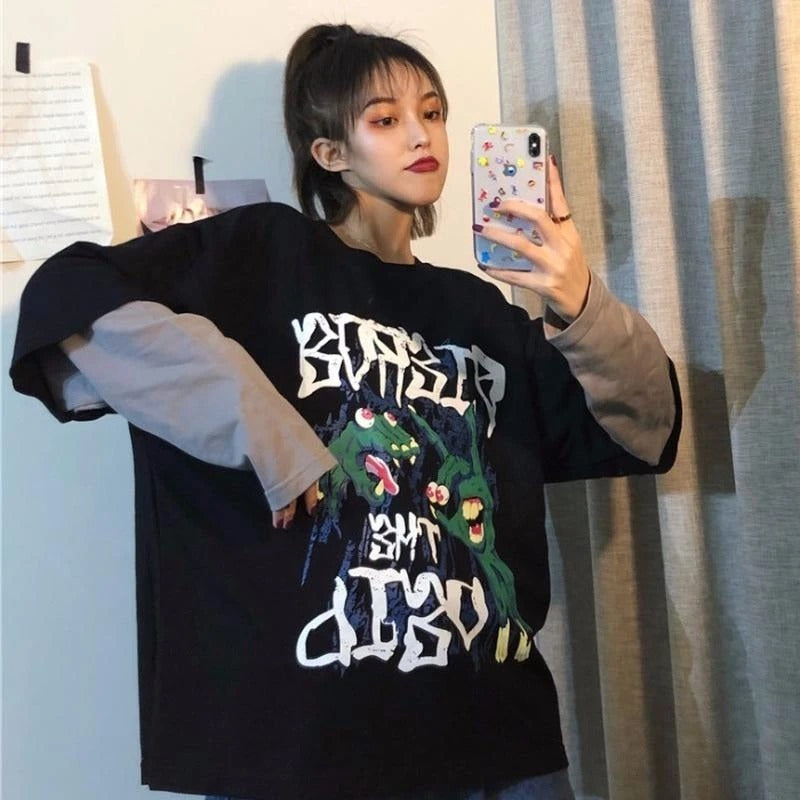 Spring Sports Fake Two-Piece Hedging Cartoon T-Shirt - Loose Fit for Women