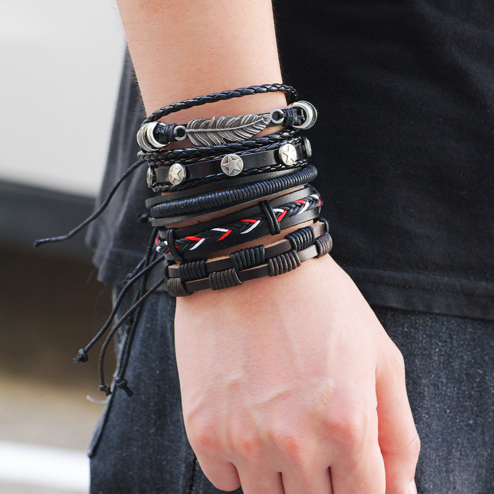 flerskiktad ark vintage läderarmband av män av mode hantverk stjärnrep tvinnat Wrap Armband & armband
