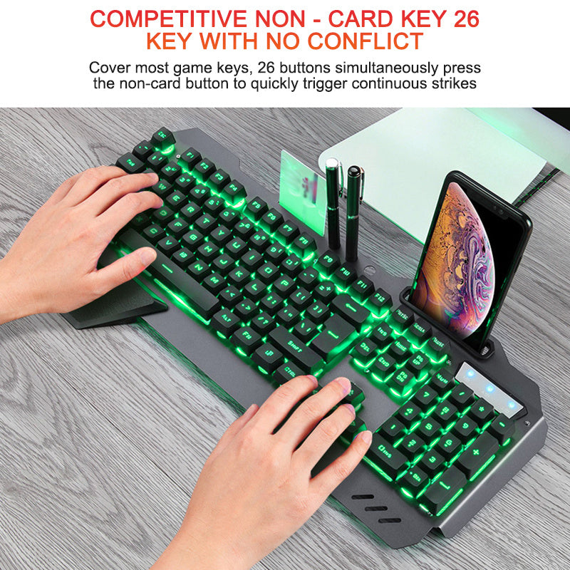 Ergonomiska speltangentbord med RGB bakgrundsbelysningstelefon innehavare