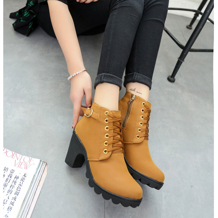 Chunky Block Heel Boots Spänne Ankel Boots Damskor