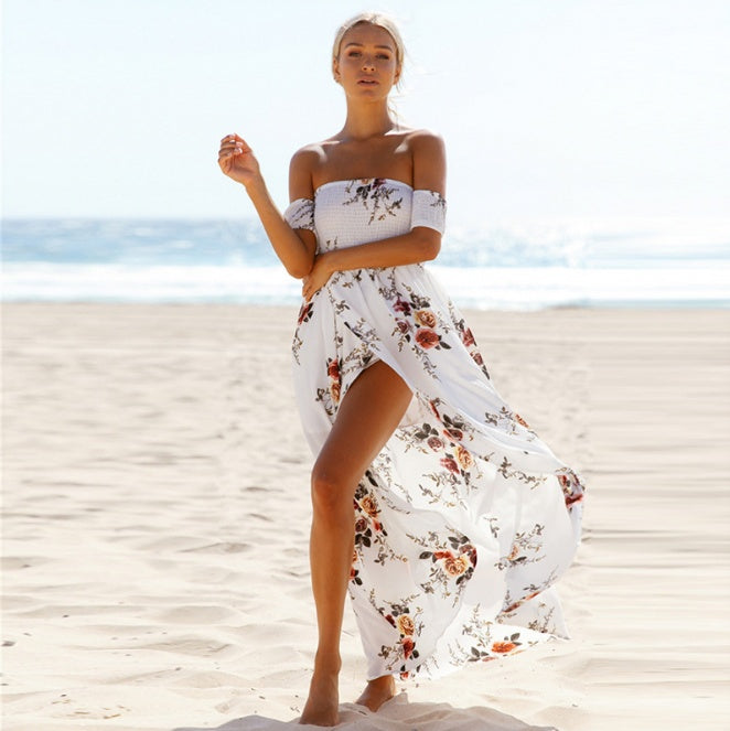 Boho style long klänning kvinnor Off axel strand sommar klänningar
