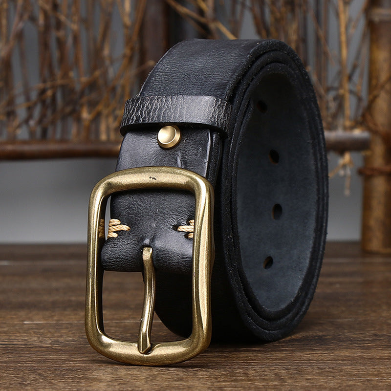 Men's Cowhide Vintage Distressed Pleated Brass Buckle Belt - Weathered Heritage