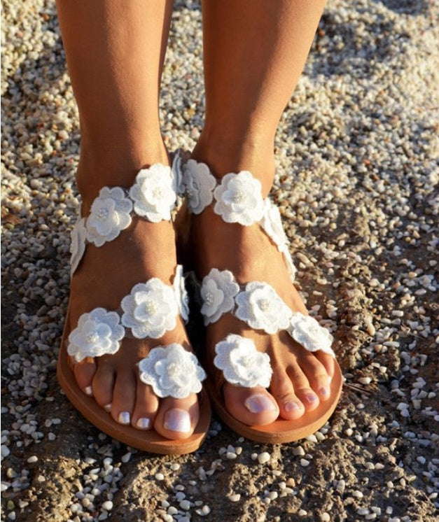 Summer PU Toe Flowers Flat Bottom Sandals - Ladies Fashion