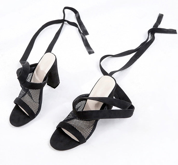 Dam Sandaler Bandage Flock Cross Strap Snöra högklackat sandal