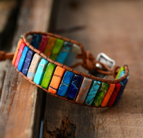 Colored Imperial Stone Handwoven Single Layer Leather Band Creative Ethnic Style Simple Band