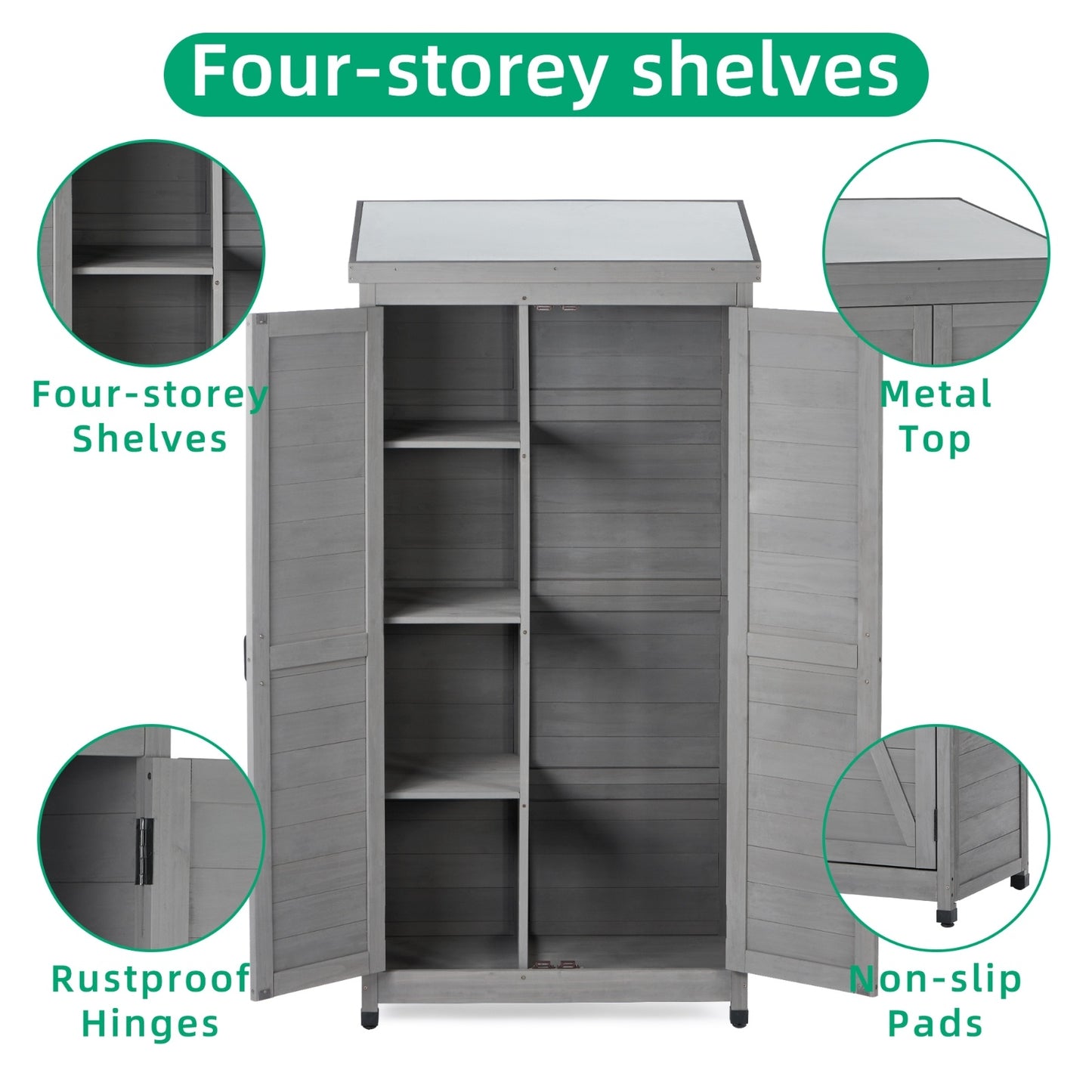 Outdoor Storage Cabinet With Metal Top, 68Tall Garden Shed For Yard